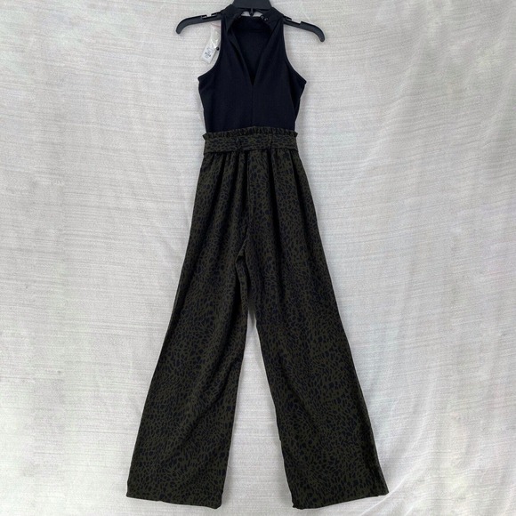 NWT Mi Ami Jumpsuit XXS Wide Leg‎ Black Army Green Cheetah High Neck Paper Bag - Picture 2 of 16